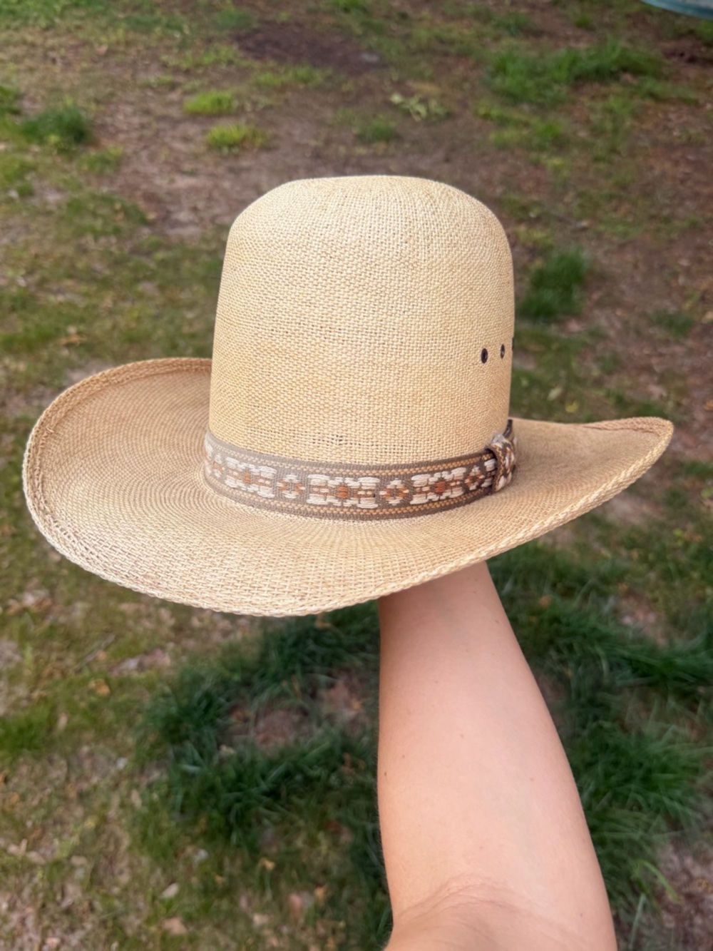 Natural Straw Western Hat with Decorative Band - Vintage!
